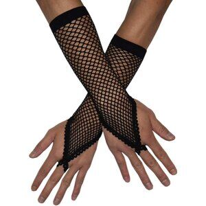 Women's Black Finger Loop Stretchy Fishnet Satin Gloves Wedding Party Cosplay